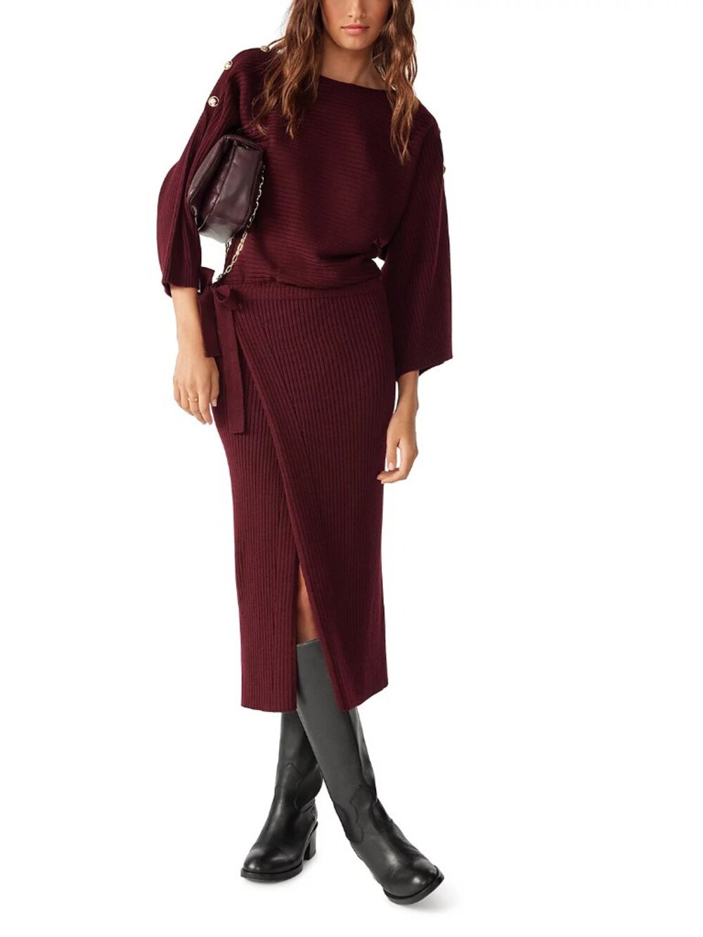 BA&SH Rahlia Burgundy Wrap Ribbed Midi Sweater Dress Sz US 4 (BA&SH Sz 1)